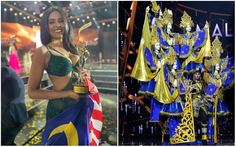 Lishalinny Kanaran wins Best National Costume, at left, the contestant in her winning  ‘7 Ancient Princesses of Ulek Mayang’ costume, at right. Photos: Miss Grand Malaysia
