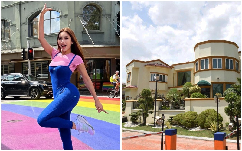 Nur Sajat at Sydney’s Oxford Street, at left, and a view of her multimillion-dollar home in Malaysia, at right. Photos: Nur Sajat/ Instagram
