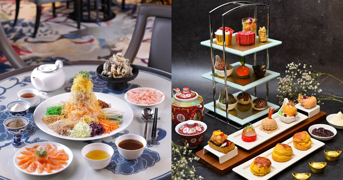 Yusheng salad at Mandarin Oriental Jakarta (L) and Chinese New Year High Tea at Shangri-La Jakarta (R). Photo: Instagram/@mo_jakarta & @shangrilajkt