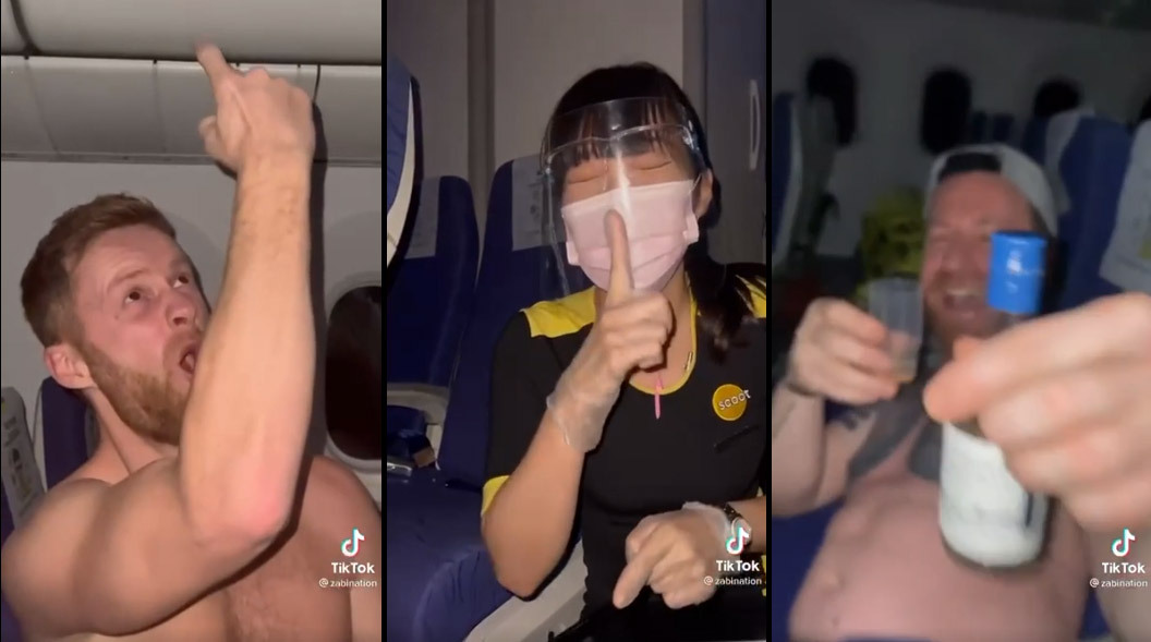 A flight attendant tries to stop a party that just won’t stop. Images: TikTok/Zabination