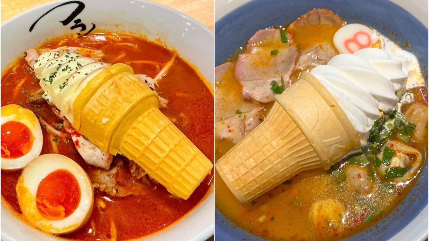 A ramen float by Franken restaurant in Japan, at left, and the same item posted by @Reviewshoplaz on Twitter, at right.
