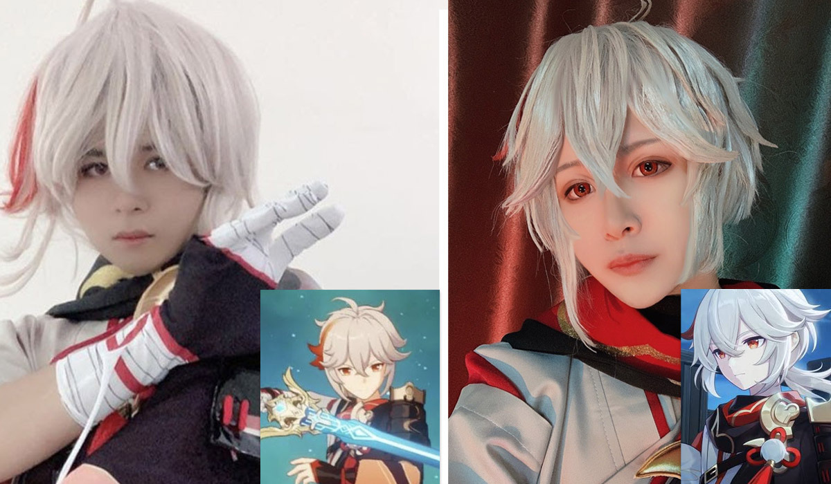 Some fans of ‘Genshin Selca’ posted selfies Wednesday in full cosplay. Characters inset. Photos: Title8118, That_Kwang_AZ / Twitter