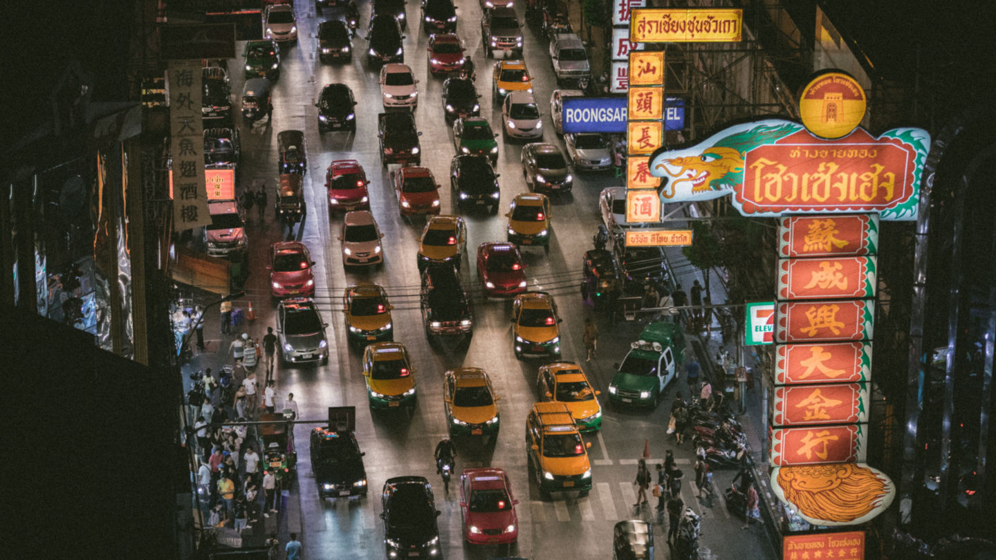 A drone shot of congested night traffic in Chinatown. Photo: Jakob Owens
