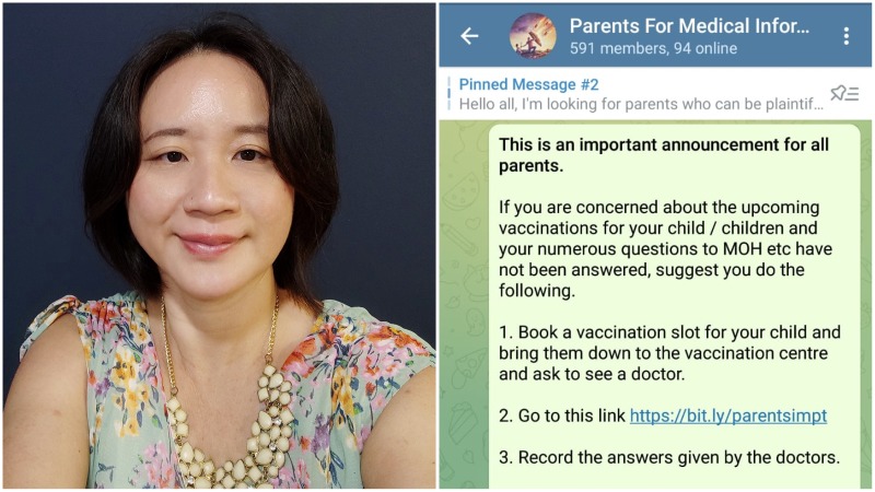 At left, Iris Koh the founder of an anti-vaxx chat group, and the message sent to parents in her Telegram channel, at right. 
