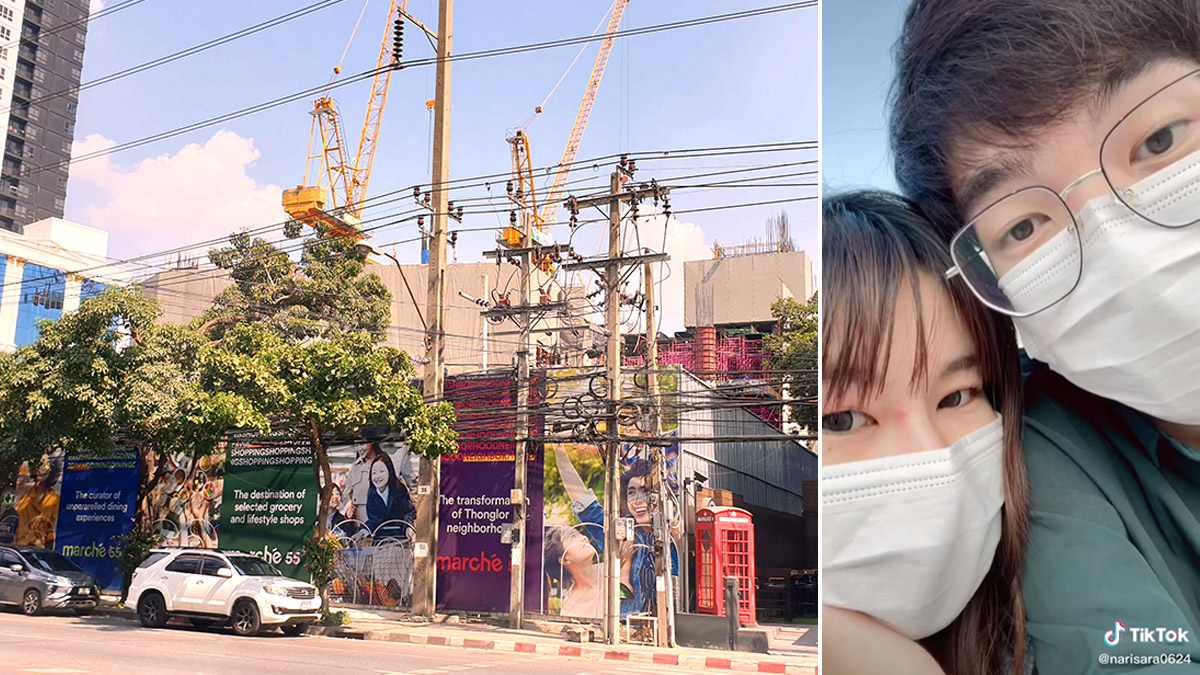 At left, the Thonglor work site where a worker was killed by falling crane in early January. The man and his girlfriend, at right. Photos: Coconuts, Narisara0624 / TikTok 