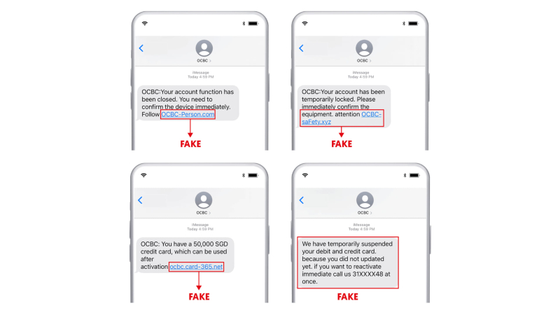 Bad English is another scam indicator, according to these examples of fake SMS messages sent to OCBC Bank customers. Image: OCBC Bank/Facebook

