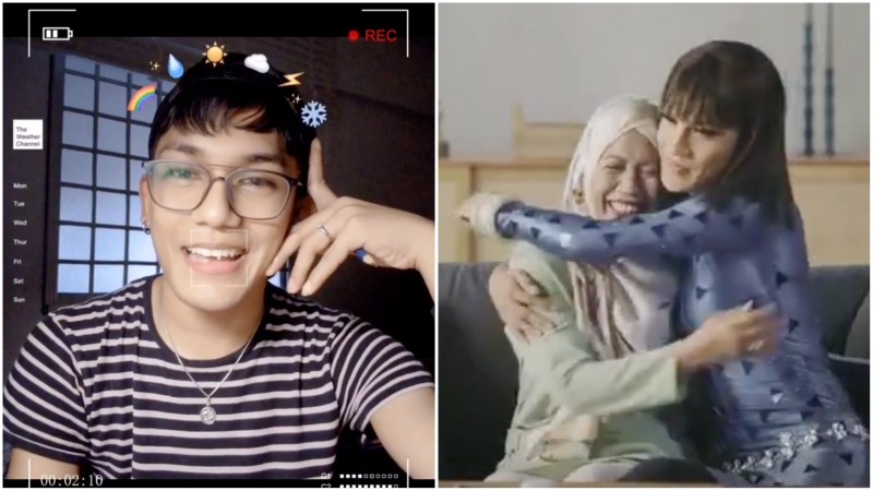 At left, drag queen Vyla Virus in boy form, and in queen form with mum in a now-removed Samsung advert, at right. Images: Vyla Virus/Instagram, Samsung
