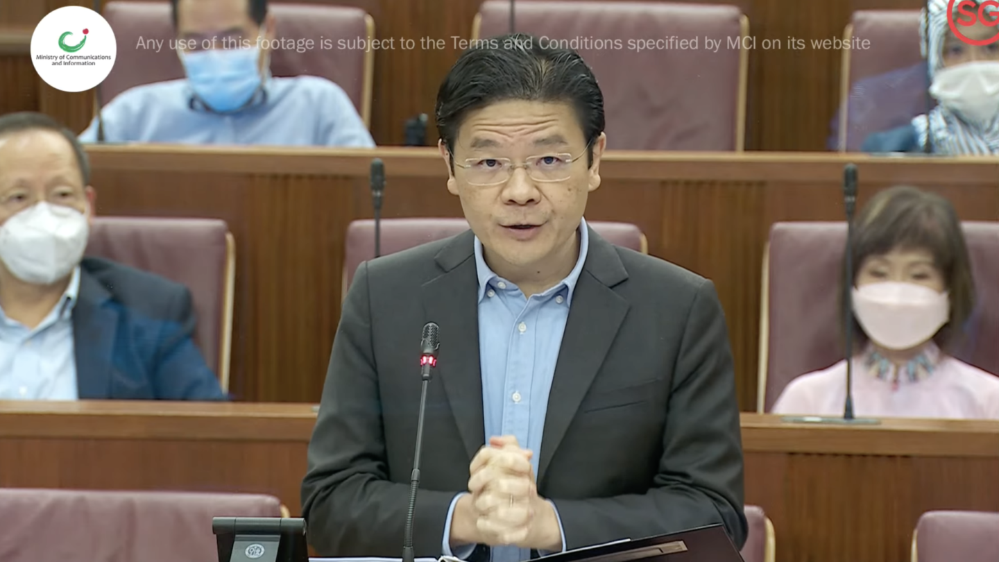 Finance Minister Lawrence Wong speaks in parliament today. Photo: MCI
