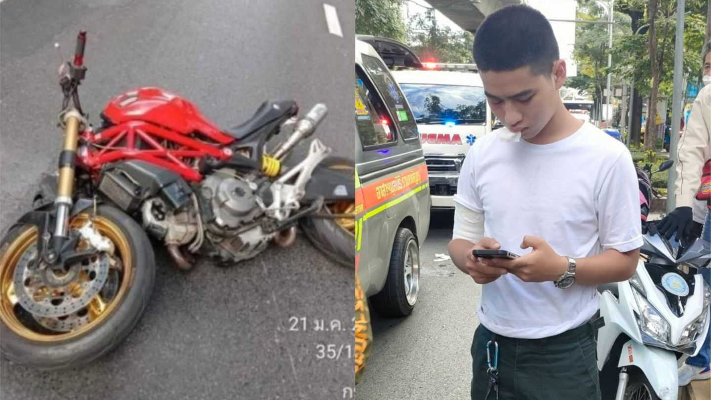 The Ducati supersport motorbike driven by Lance Cpl. Norawich Buadok, at left, and Norawich using his phone on Jan. 21 after fatally hitting Waraluck “Doctor Kratai” Supawatjariyakul on Bangkok’s Phaya Thai Road.