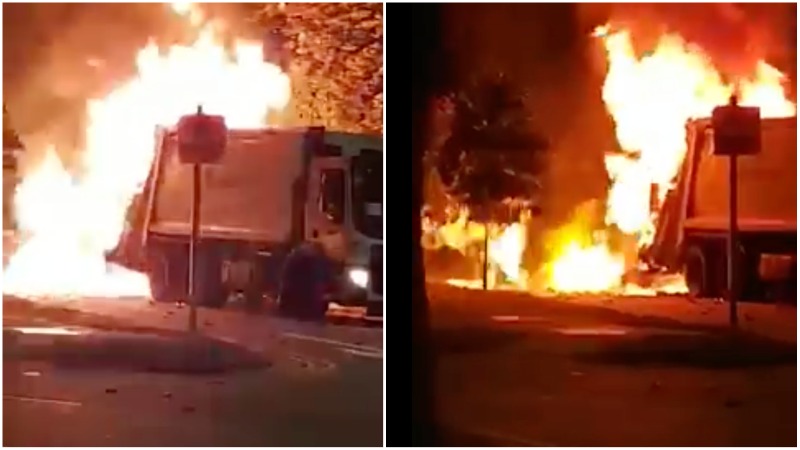 A garbage truck ablaze early Tuesday morning on Burn Road in Tai Seng. Images: Raven Qiu/Facebook

