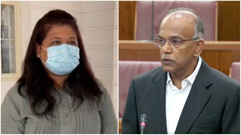 Indonesian domestic worker Parti Liyani in a file photo, at left. Law and Home Affairs Minister K Shanmugam in parliament today, at right. Images: HOME, MCI
