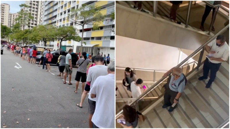 Endless queues at the Fu Lu Shou Complex and a Hougang car park. Photos: Singapore_incidents/Instagram, Melvin7228/TikTok
