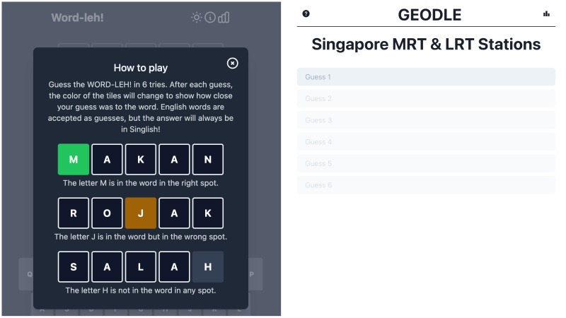 Singapore’s new daily word puzzles Word-leh! and Geodle. Images: Word-leh!, Geodle
