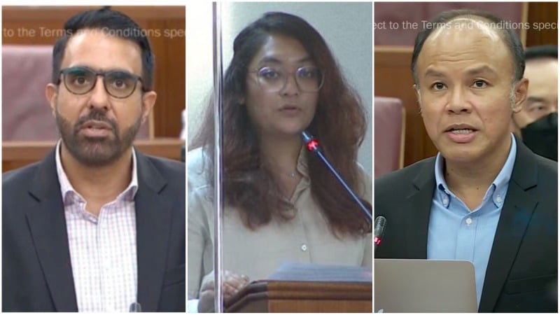 From left to right: Workers’ Party chief Pritam Singh, former Workers’ Party member Raeesah Khan, and Workers’ Party Vice Chairperson Faisal Manap. Photos: MCI
