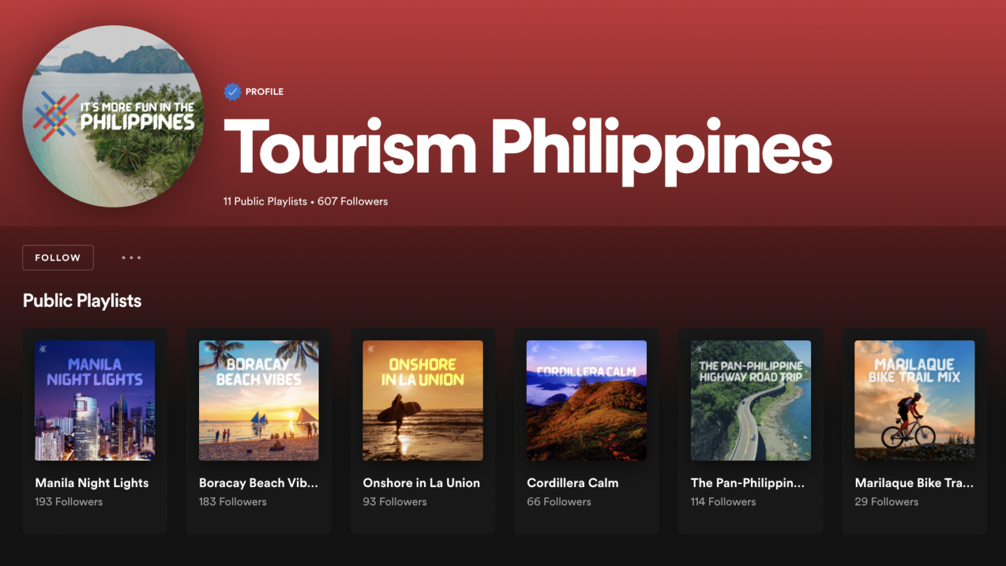 The Department of Tourism has playlists for the Philippines’ popular destinations. Screenshot: Spotify