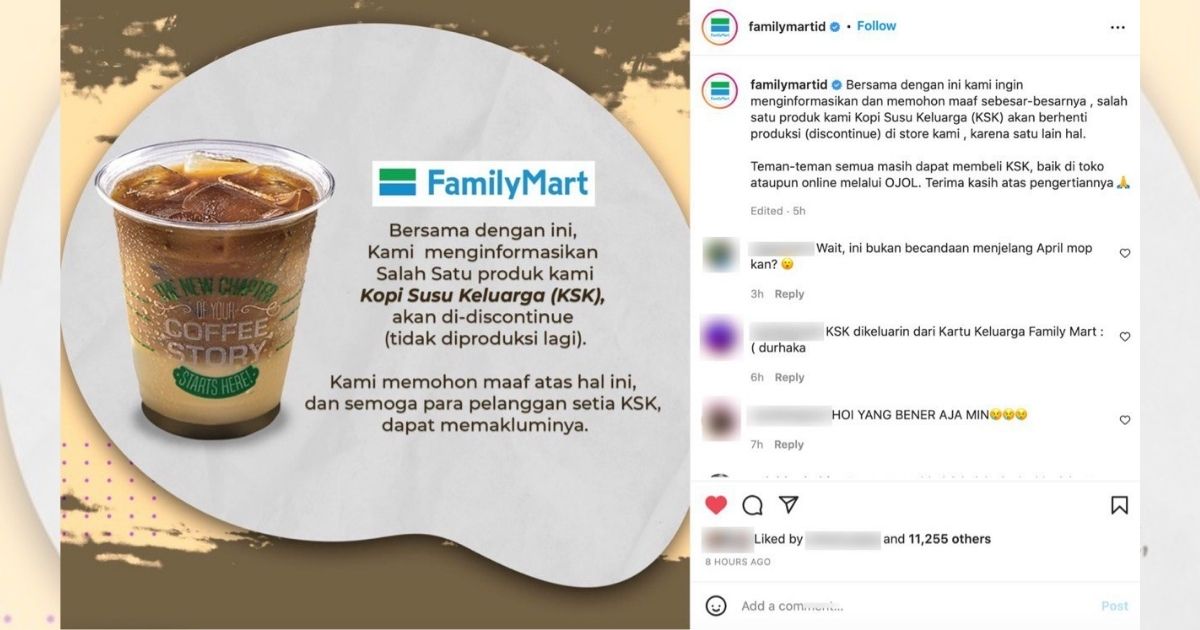We never expected that the absence of an es kopi (iced latte) would break our caffeinated hearts this much, as Japanese convenience store chain Family Mart today announced that they would discontinue their popular Kopi Susu Keluarga (KSK). Screenshot from Instagram/@familymartid