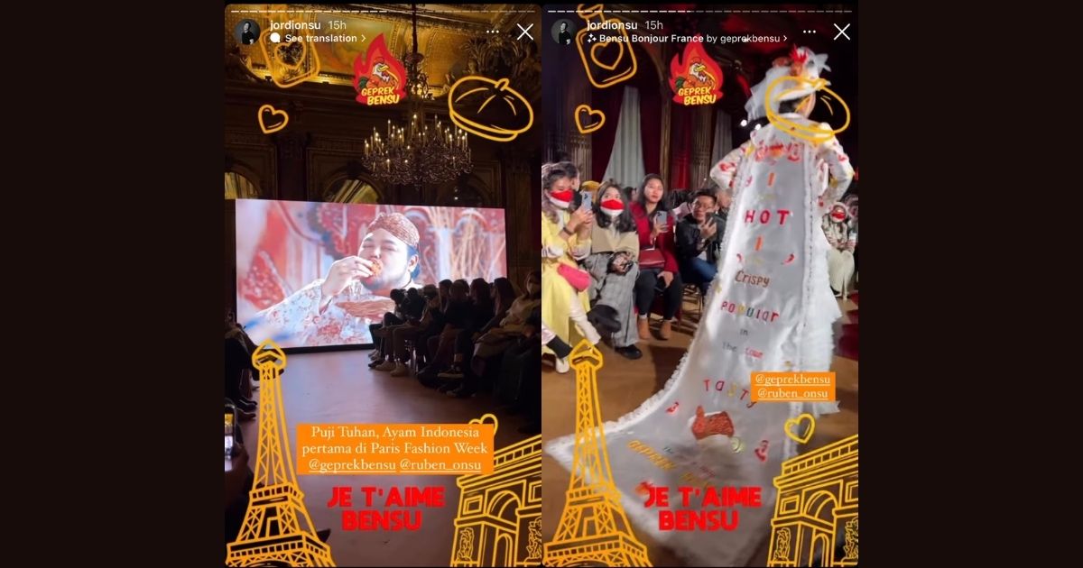 Would you wear this piece of haute couture creation adorned with the text “Hot Crispy Popular in the town Tasty The one & only GEPREK BENSU” and drawings of chili peppers, chickens, and a plate of ayam geprek? Photo: Instagram/@jordionsu