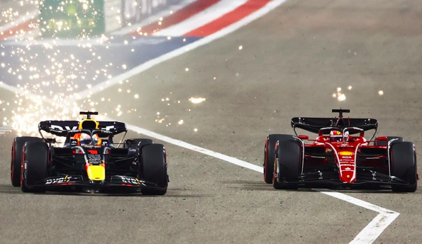 Red Bull’s Max Verstappen (left) taking on Ferrari’s Charles Leclerc at the Bahrain grand prix on March 20, 2022. Photo: Instagram/F1