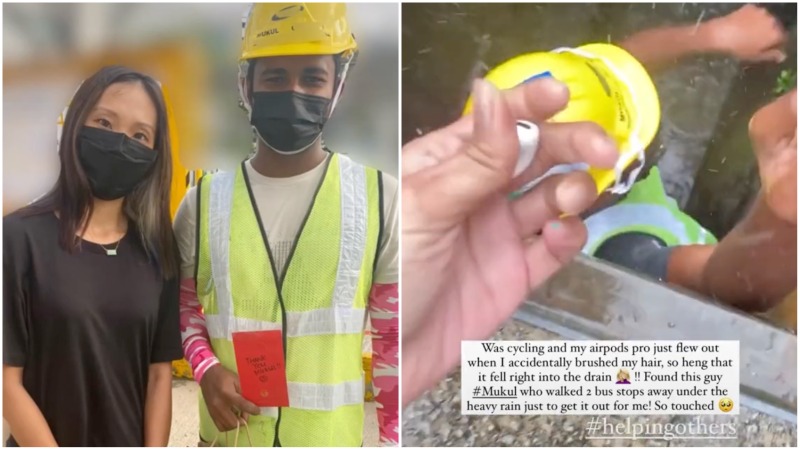 A kind worker helps retrieve a woman’s AirPods from a drain on Tuesday. Photos: @10.lifts/TikTok
