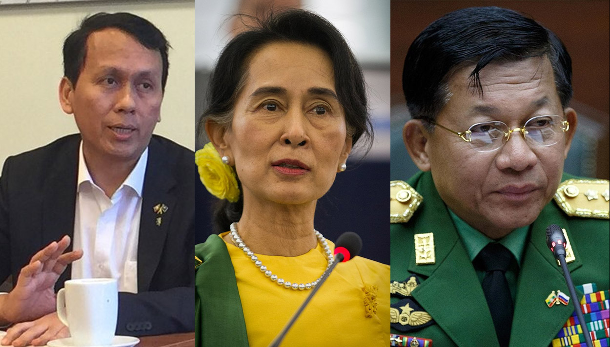 From left, former Yangon Prime Minister Phyo Min Thein, deposed State Counsellor Aung San Suu Kyi, junta leader Min Aung Hlaing. Photos: Lionslayer / CCA-SA 4.0, Claude Truong-Ngoc / CCA-SA 3.0, and Vadim Savitsky / Russian Armed Forces