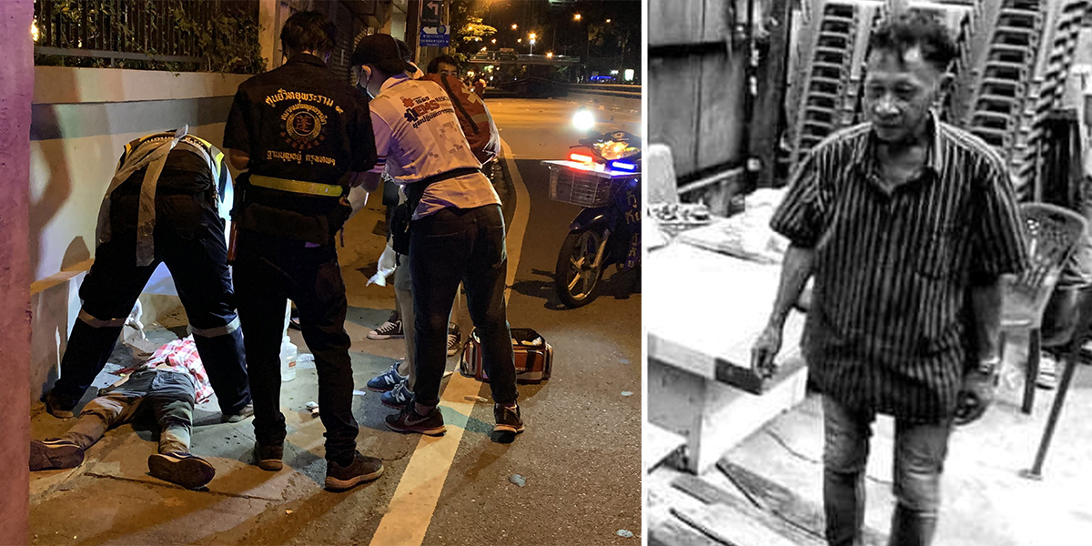 At left, medics tend to Mana Hongthong after he was shot in the head in August 2021 near the Din Daeng Police Station. At right, Mana in an undated file photo circulating online. Photos: TLHR