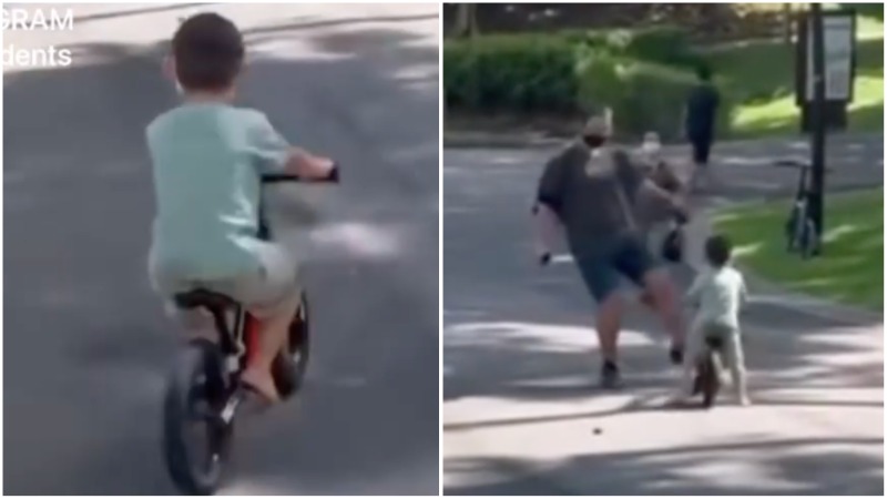 A boy before and after a fateful kick sent him and his speeding bike sprawling. Images: Singapore_incidents/Instagram

