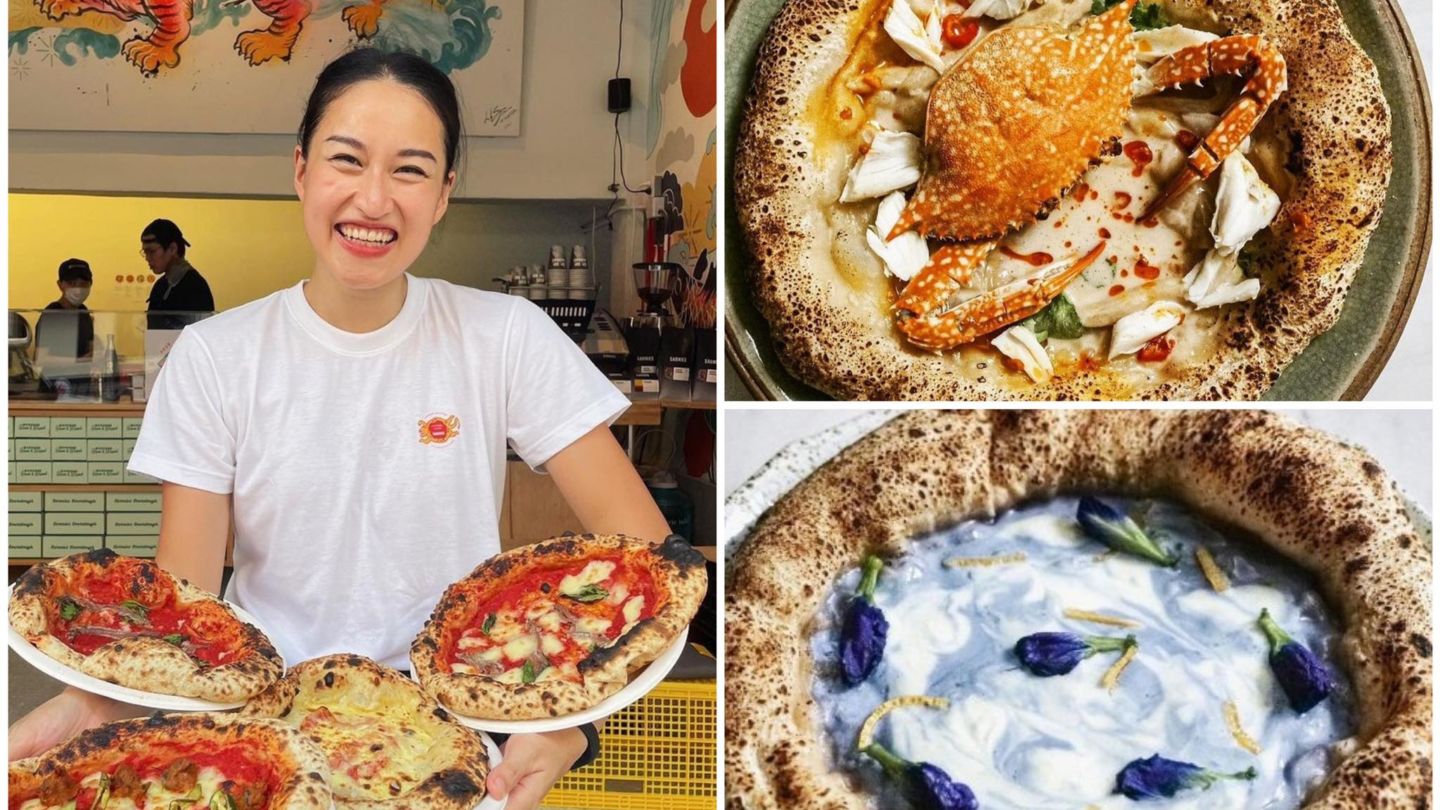 Feng Chen, at left, and her pizzas with tom kha swimmer crab and butterfly pea custard. Photos: @leopardcrust / Instagram