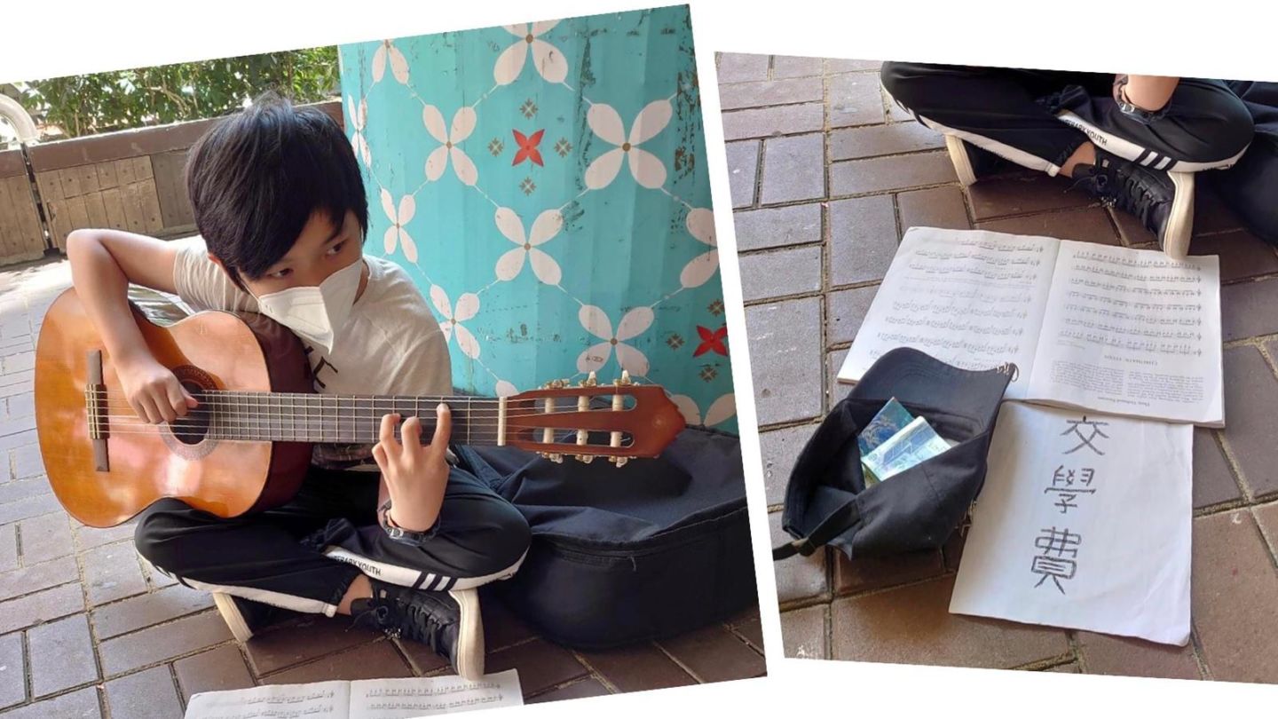 A 11-year-old boy who busks in Wan Chai in the afternoon to pay for his guitar lessons after his mother became out of work has won the hearts of many Hongkongers. (Photo: Facebook)
