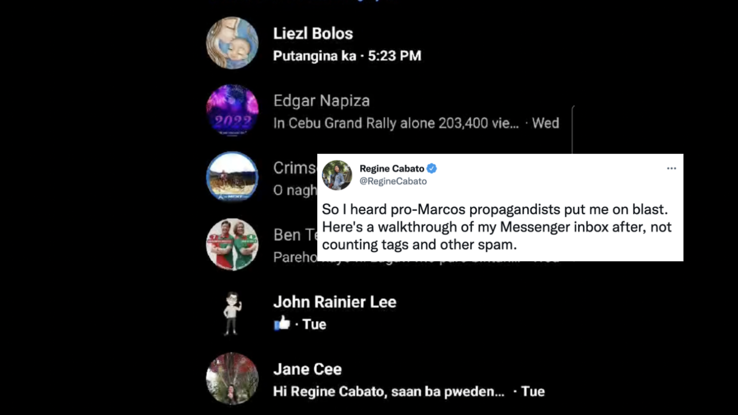 Washington Post reporter Regine Cabato shared a screen recording of the deluge of messages she received, including old message requests from accounts that have since been suspended by Facebook. Screenshot: Regine Cabato (Twitter)