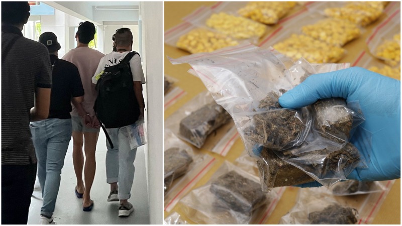 At left, a suspect being taken away, and stashes of cannabis and ecstasy pills seized, at right. Photos: Central Narcotics Bureau
