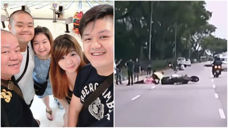 On the left, a family photo with Tan; on the right, the accident on Gambas Avenue on Sunday. Photos: Jeremy Tan/Facebook, SG Road Vigilante/Facebook
