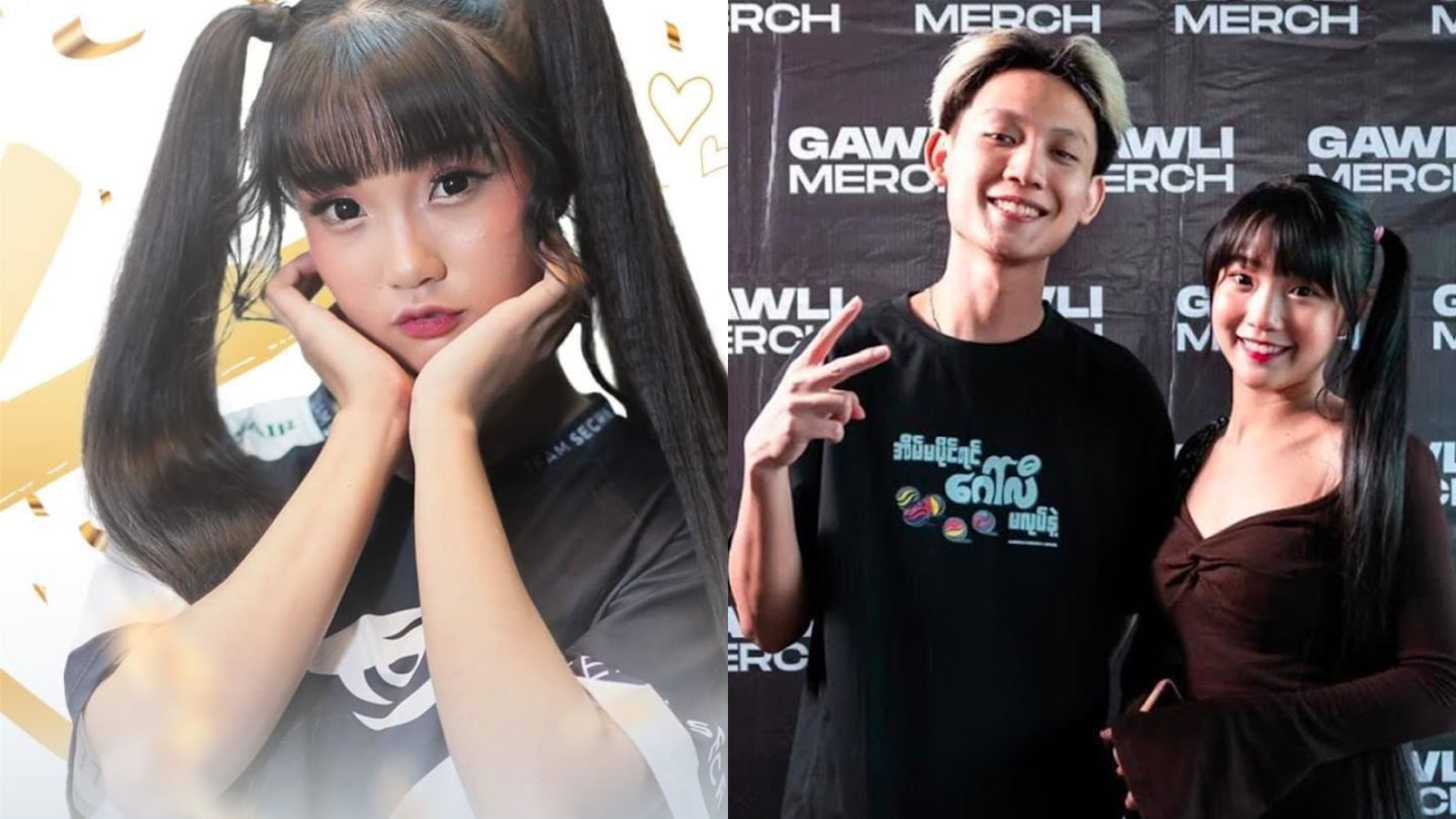 Thet Hnin Swe Zin, a 22-year-old PUBG streamer known as Kizz, at left. A recent appearance with DJ Y3llo, at right. Images: Team, Gawli / Facebook