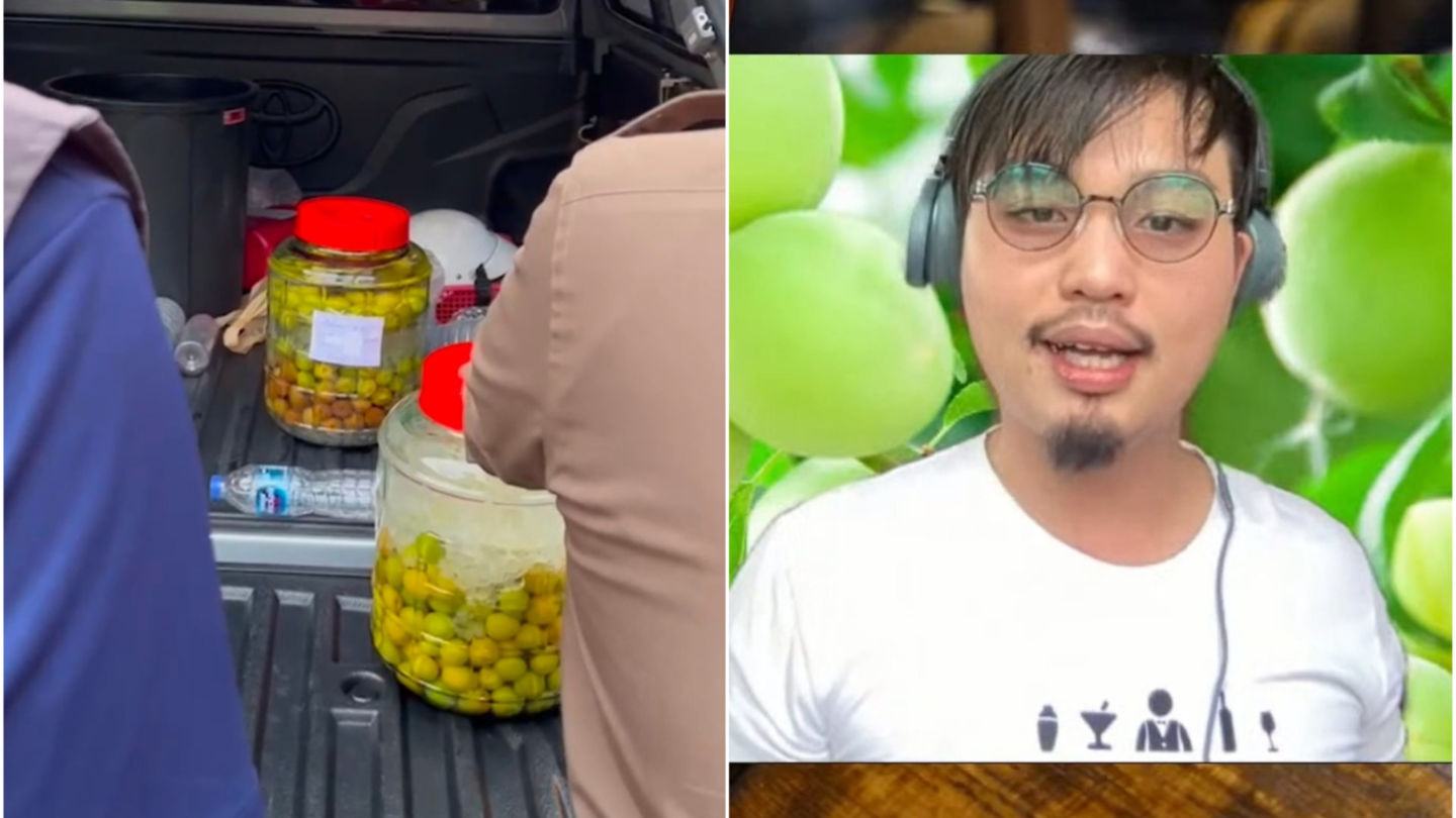 Jars of umeshu seized by tax authorities, at left, and Pasakorn ‘Thep’ Sangraksakiat talking about the incident with a community of Thai liquor producers, Surathai, at right. Images: Surathai