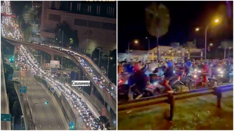 At left, traffic cam footage of the jam this morning at Woodlands causeway, a herd of motorbikes entering the country, at right. Photos: Jalanow, @Nanmanjoi8715/Twitter 
