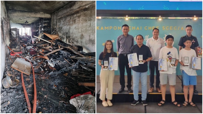 At left, the aftermath of a fire in Bedok North, and the good samaritans awarded, at right. Photos: SCDF
