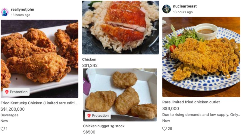 Roasted and fried chicken listed for crazy prices on Carousell in the past week. Photos: Carousell
