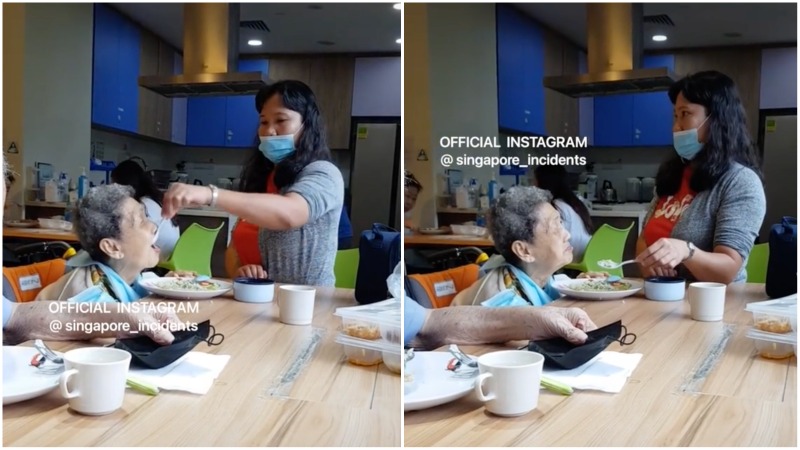 A woman force-feeds an elderly woman in stills taken from video. Photo: Myat Min Soe
