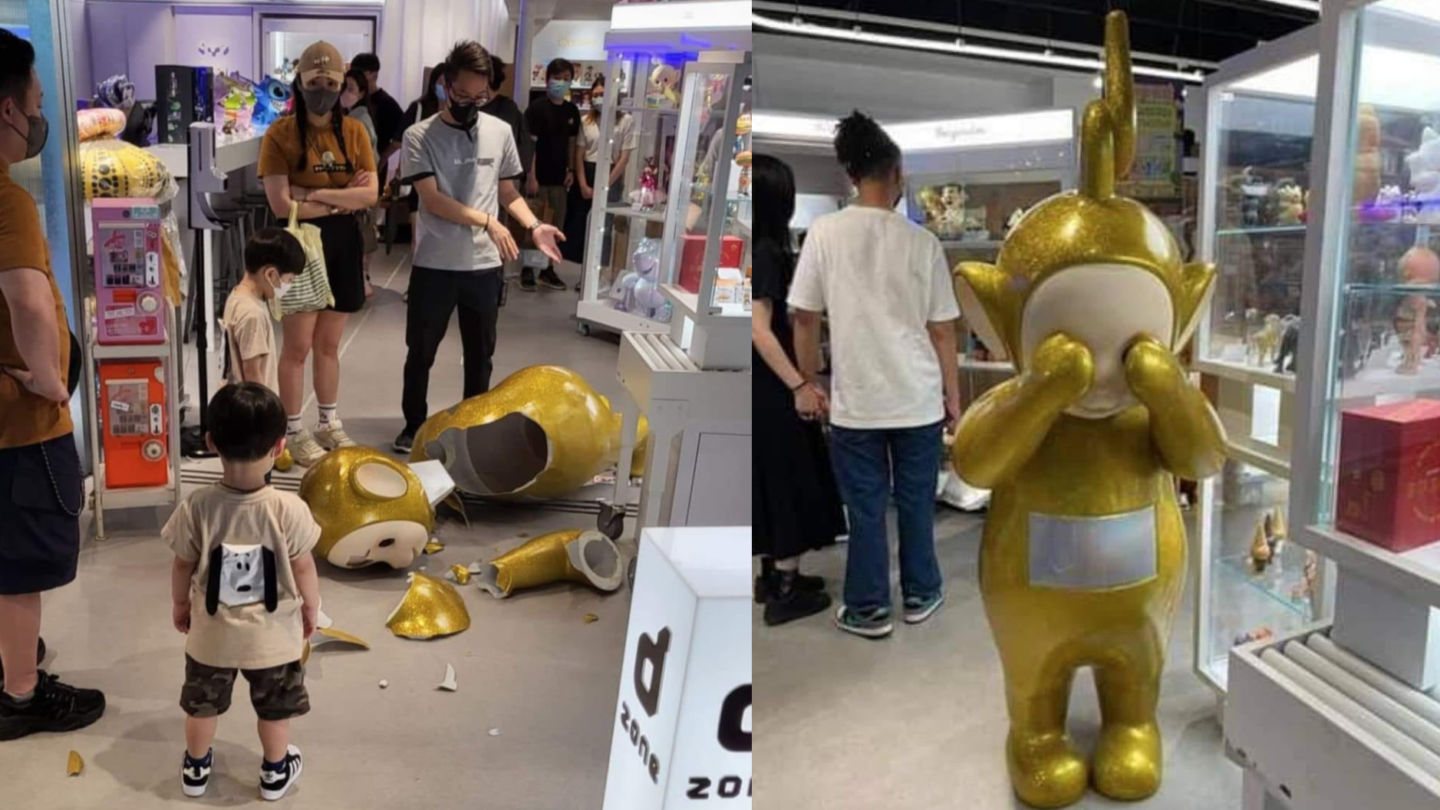 A toy store in Mong Kok is facing a public backlash after it accused a boy of “kicking” a human-sized Teletubby sculpture. Photo: Facebook/Din Dong