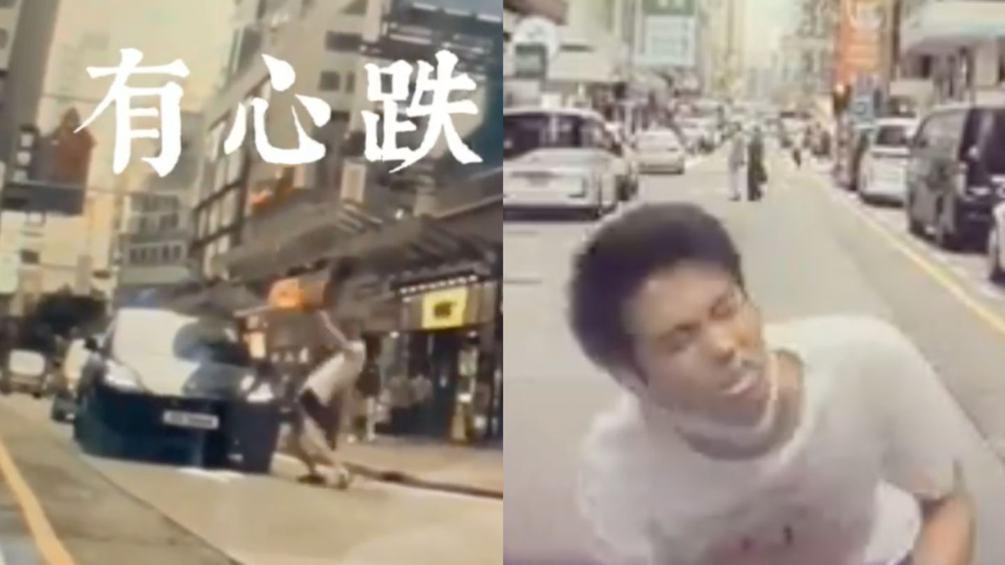 A man was caught on camera attempting to stage a car accident on a Hong Kong street. Photo: Screengrab of Facebook videos by HongKong CarCam and Henry Lee