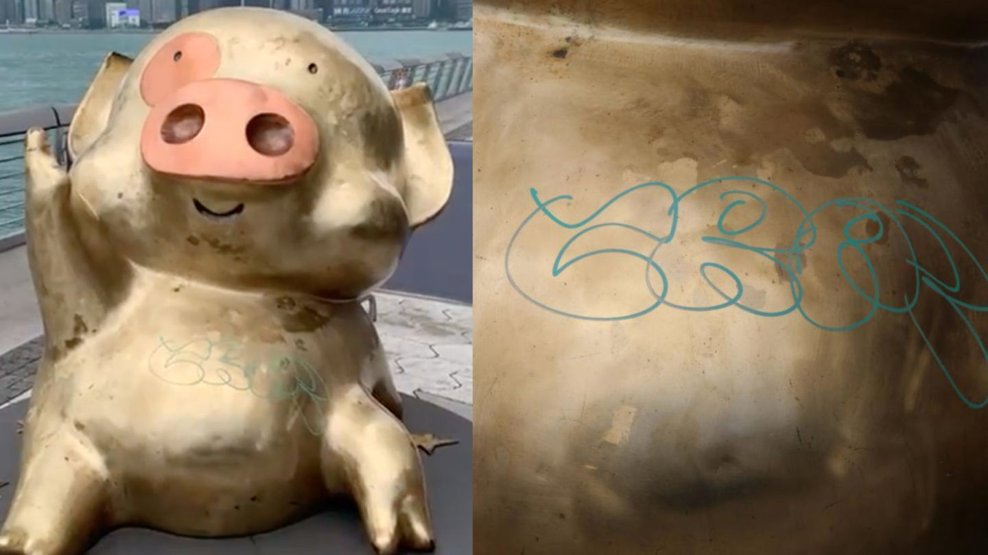 The sculpture of McDull on the Avenue of Stars has been vandalized. Photo: Sing Tao Daily.