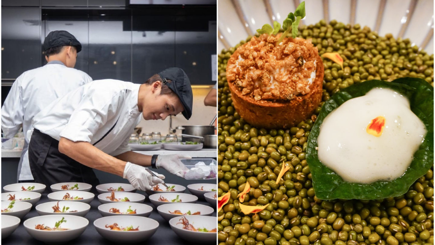 Narongrit “Chef Ins” Saekho prepares dishes from local produce, at left. A coconut cream cheese tart and leaf-wrapped bite topped with sugarcane mousse, at right. Photos: Local Aroi, Chayanit Itthipongmaetee / Coconuts Bangkok
