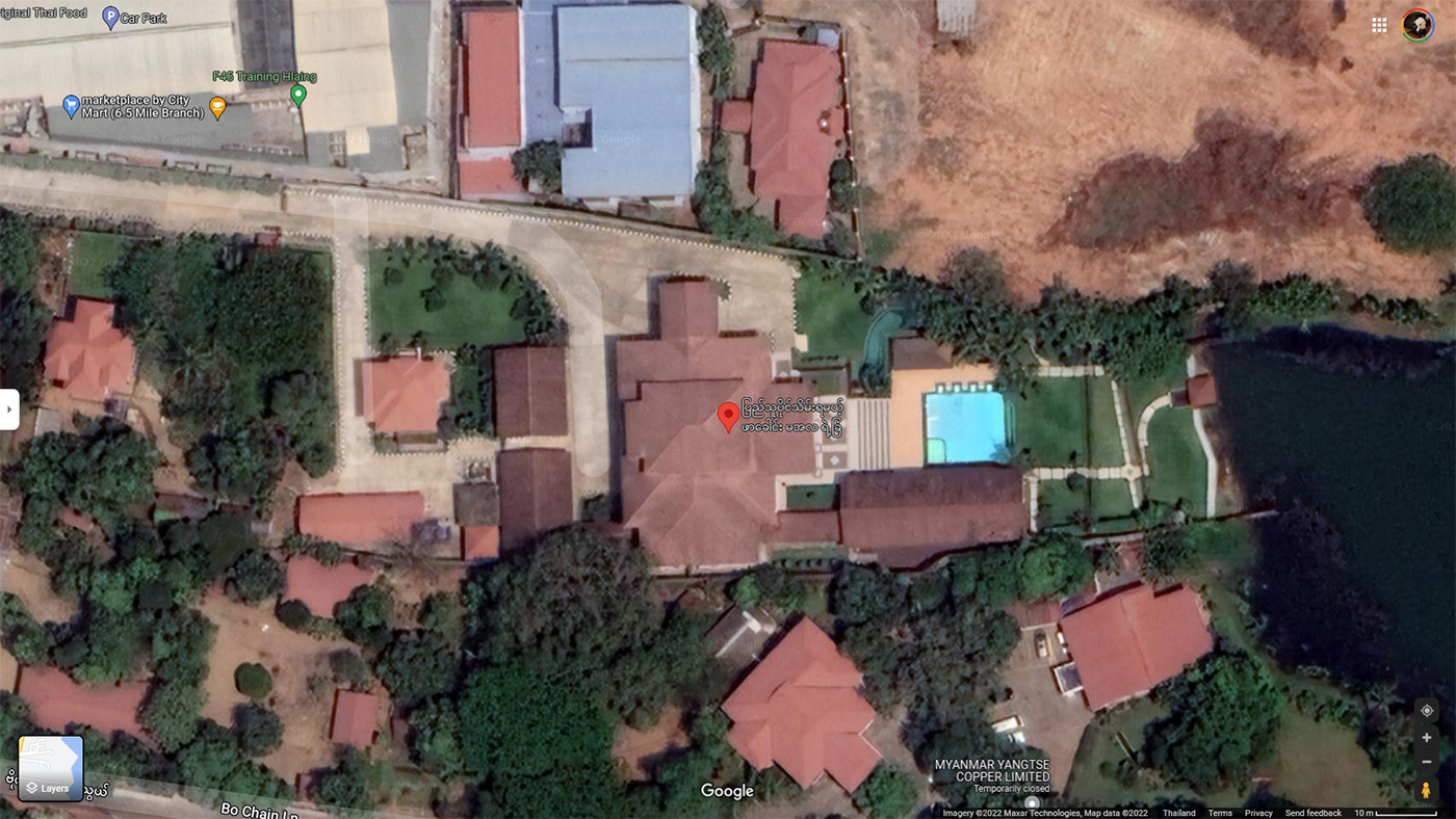 Someone has labeled the Yangon residence of the junta leader “Pimp Min Aung Hlaing’s complex must be taken back for the people” on Google Maps. Image: Alphabet