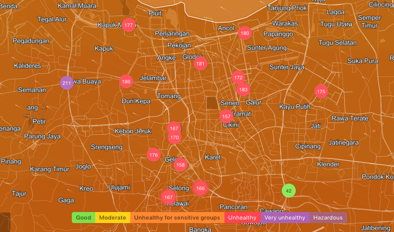 AQI scores throughout Jakarta at 8:30am on June 20, 2022. Photo: IQAir.com