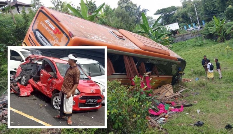 A deadly chain collision set off by a tourist bus driver occurred on June 19, 2022 in Tabanan, leaving one dead and eight others injured. Photo: Obtained.