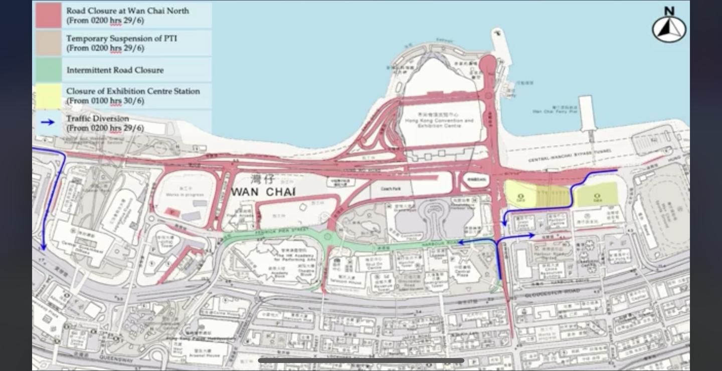 Screengrab of the Hong Kong Police’s Facebook video showing road closures and traffic diversion related to handover events