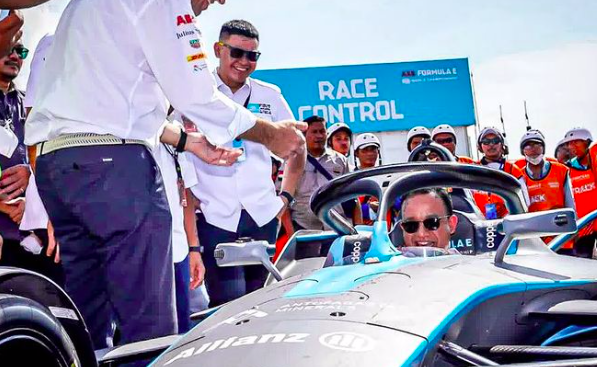Anies Baswedan in the cockpit of a Formula E race car. Photo: Instagram/@aniesbaswedan