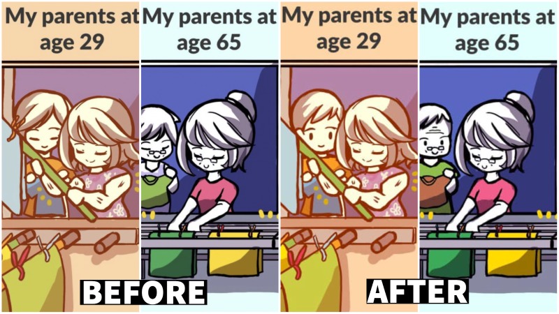 The before and after cartoon drawings in a May post by HDB. Images: Housing & Development Board/Facebook
