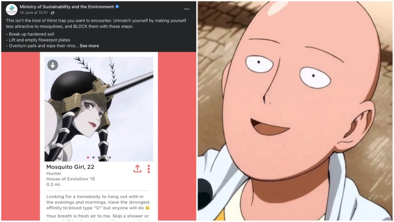 At left, a meme referencing a character from Japanese anime ‘One Punch Man,’ and its main character Saitama, at right. Images: ​​Ministry of Sustainability and the Environment/Facebook, Netflix
