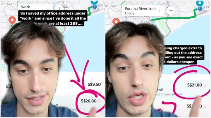 Screenshots from Grab showing the difference in prices from the same locations. Photos: Mozzarellapapi/TikTok
