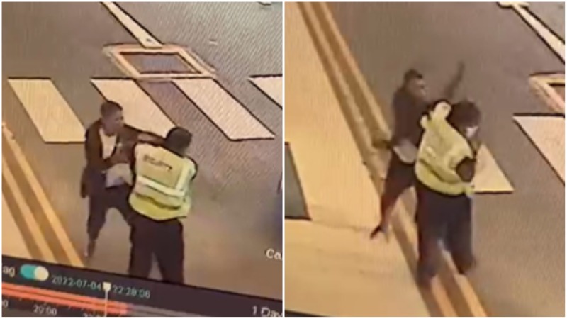 A man assaults a security guard at Giant Hypermart in Tampines Retail Park. Photos: Security Association Singapore/Facebook
